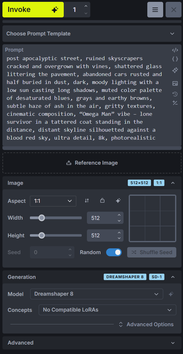 Invoke generation controls showing a text prompt, 512 by 512 image size and Dreamshaper 8 selected