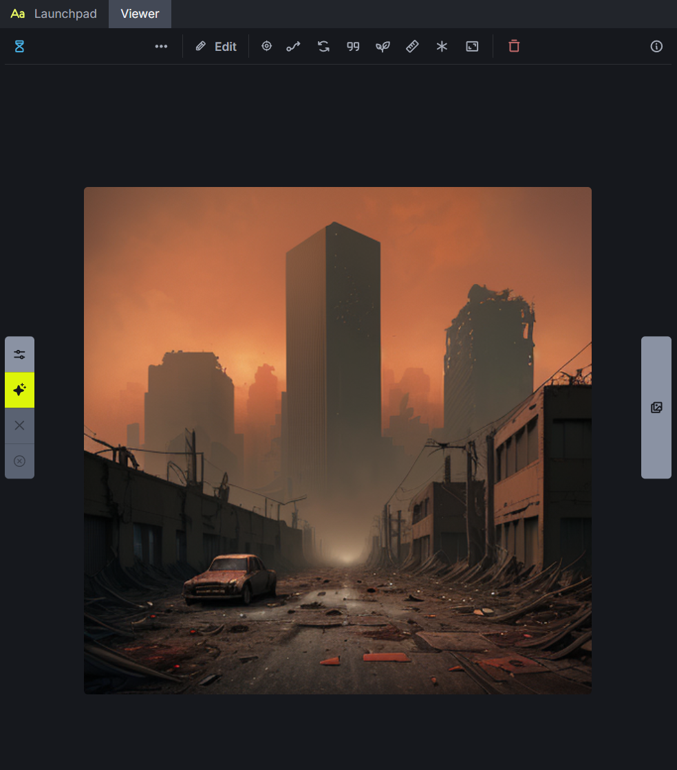 Invoke Viewer displaying a generated post-apocalyptic city street image