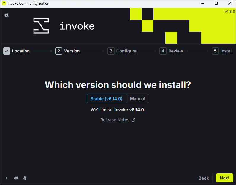 Invoke installer version screen with Stable and Manual options