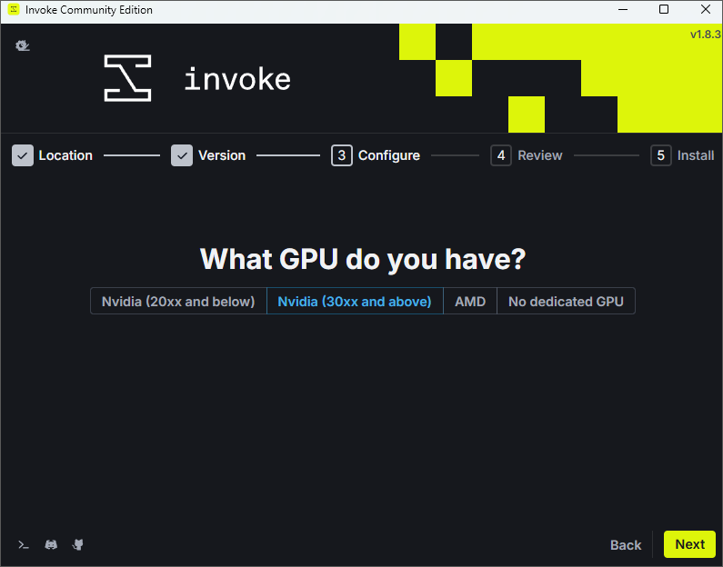 Invoke installer screen for selecting an Nvidia GPU, AMD GPU or no dedicated GPU