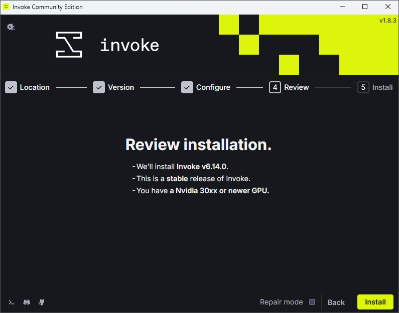 Invoke installation review showing the selected version and Nvidia 30xx or newer GPU