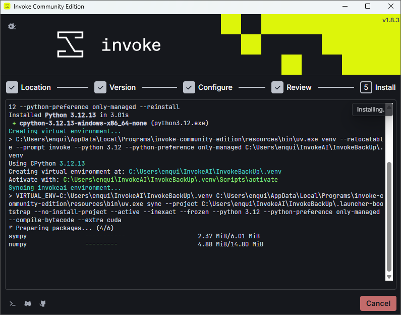 Invoke installer showing package installation progress