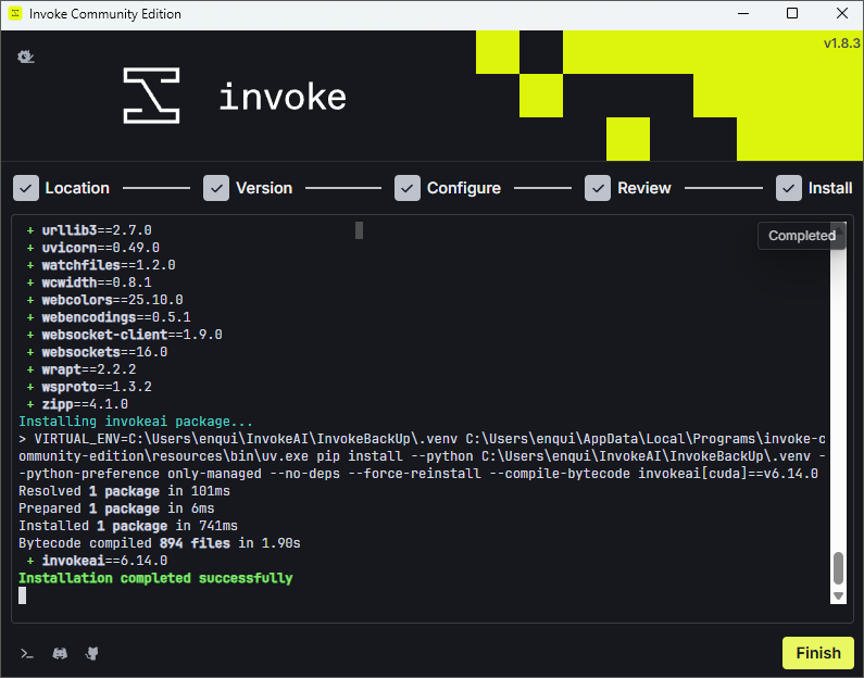 Invoke installer confirming that installation completed successfully with a Finish button