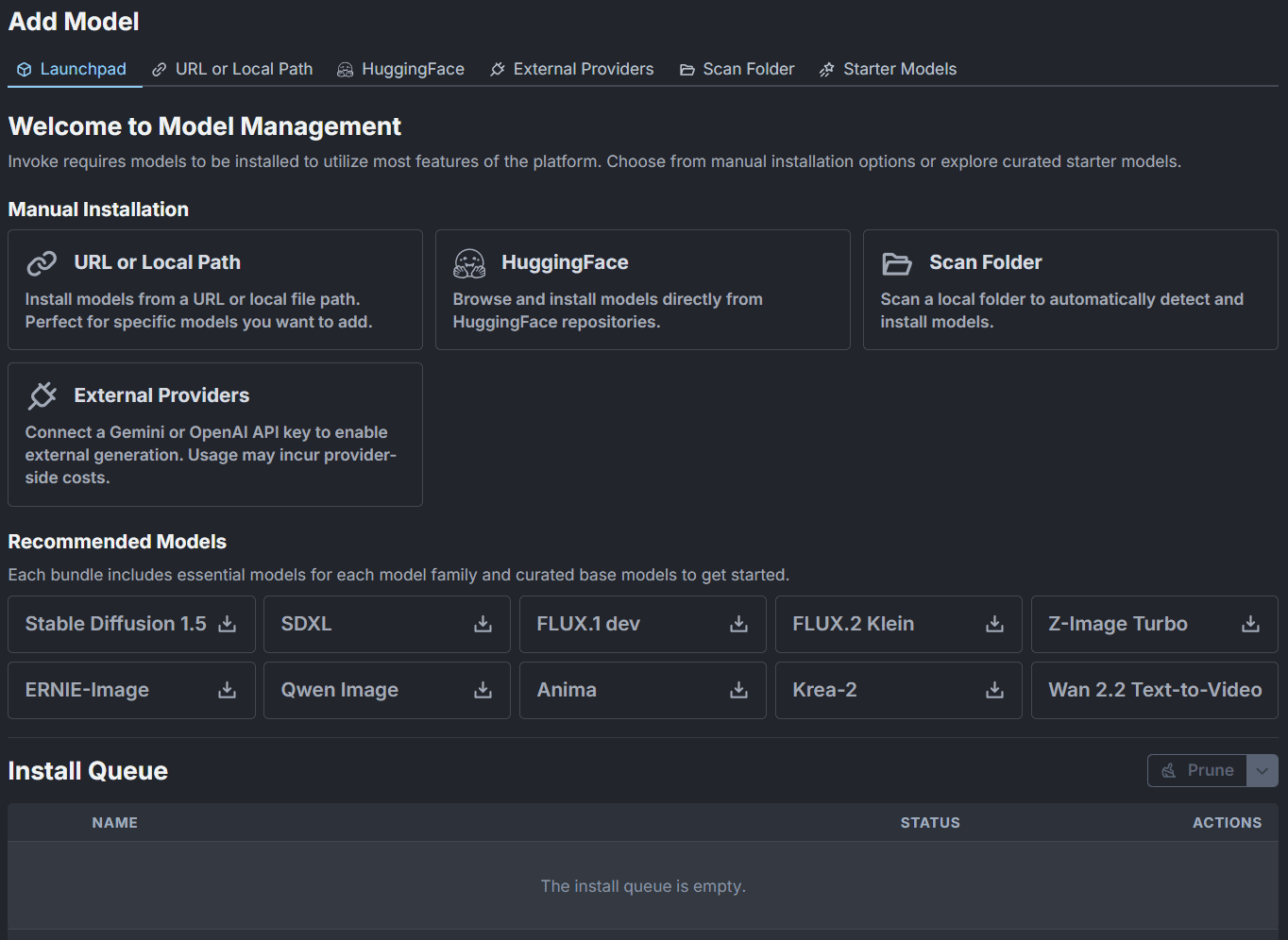 Close-up of the Model Manager Add Model screen, including Starter Models and installation options