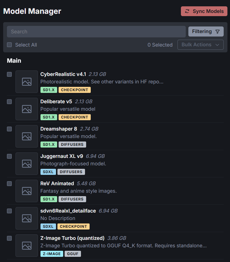 Model Manager list of installed models with their model families and file sizes