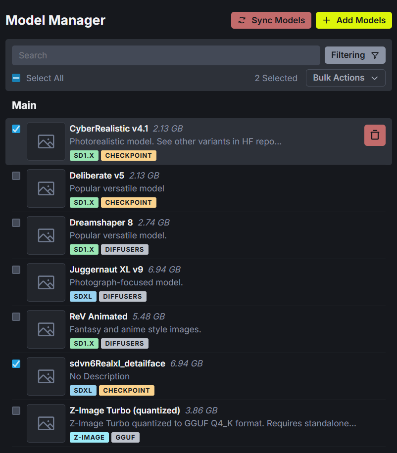 Model Manager with two selected models and a trash-can button for deleting them