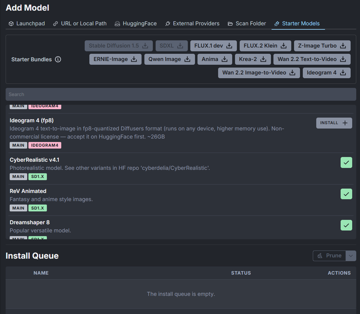 Starter Models tab showing available model bundles and green checks for installed models