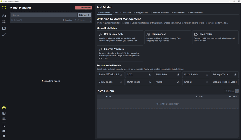 Invoke Model Manager Add Model screen with manual installation options and recommended models