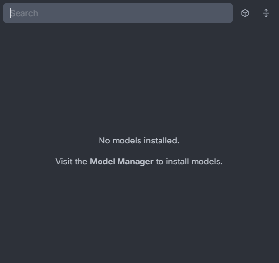 Empty model list stating that no models are installed and directing the user to Model Manager