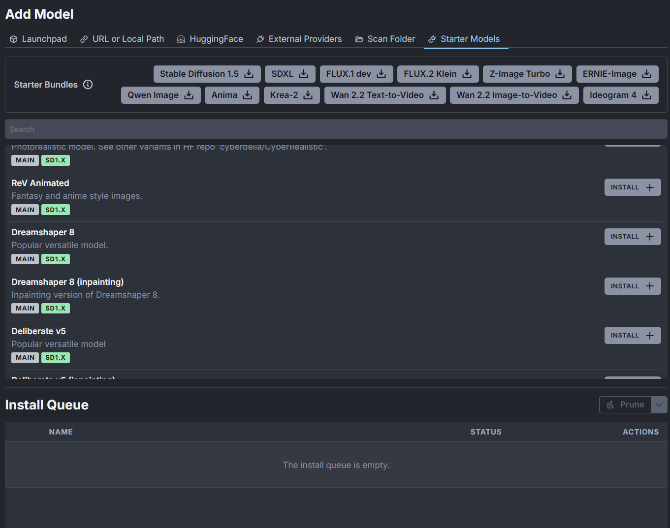 Invoke Starter Models list showing model bundles and Dreamshaper 8 with an Install button