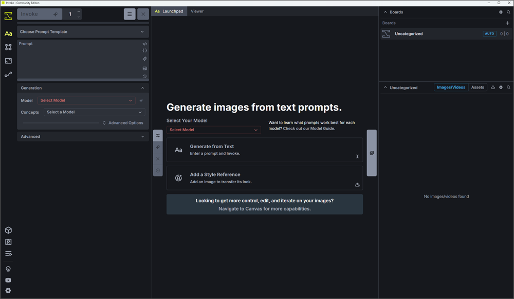 Invoke Launchpad with no model selected and options to generate from text or add a style reference