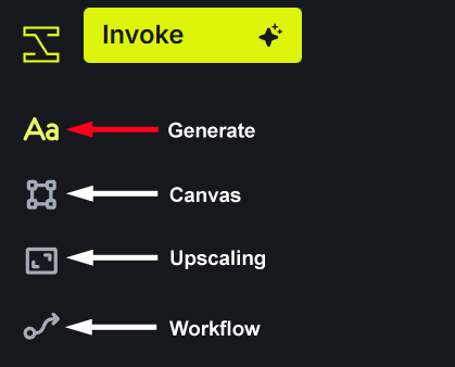 Invoke navigation icons for Generate, Canvas, Upscaling and Workflow, with Generate highlighted