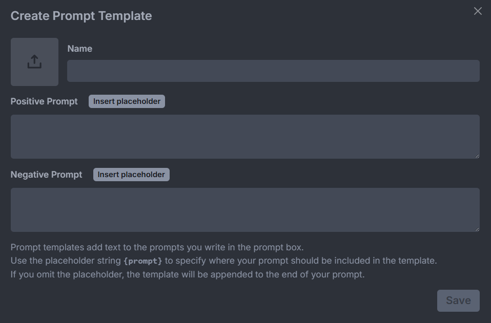 Blank Create Prompt Template dialog in InvokeAI