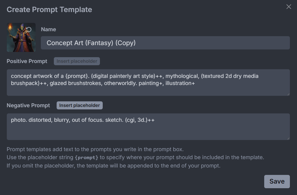 Concept Art Fantasy prompt-template dialog showing positive and negative prompts