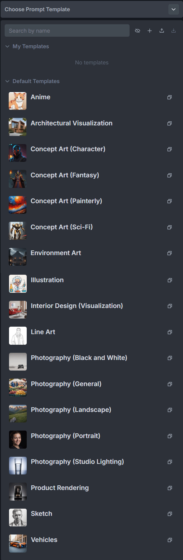 Expanded InvokeAI prompt-template list showing default templates