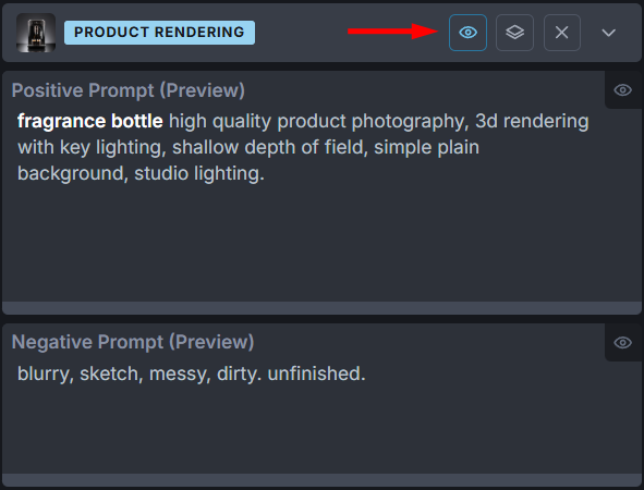 InvokeAI View Mode preview showing the combined fragrance-bottle prompt and negative prompt