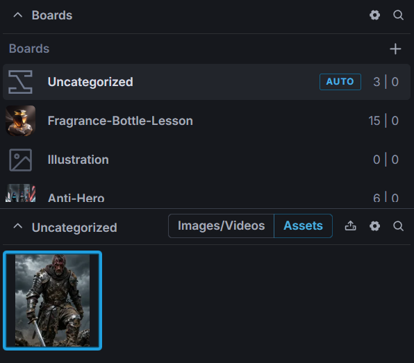 InvokeAI Assets panel showing the uploaded fantasy warrior image
