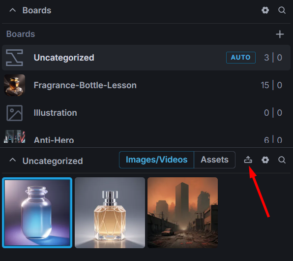 InvokeAI Images and Videos panel with the Upload Media button highlighted