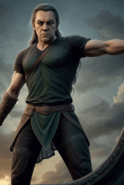 Generated fantasy image of the author as a long-haired Celtic warrior wearing dark green clothing and leather armour.