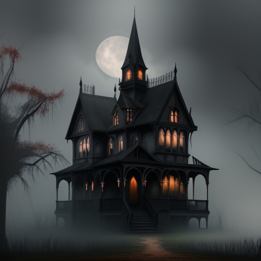 Generated Gothic house at night, with warm window lights, fog, and a full moon behind its spire.