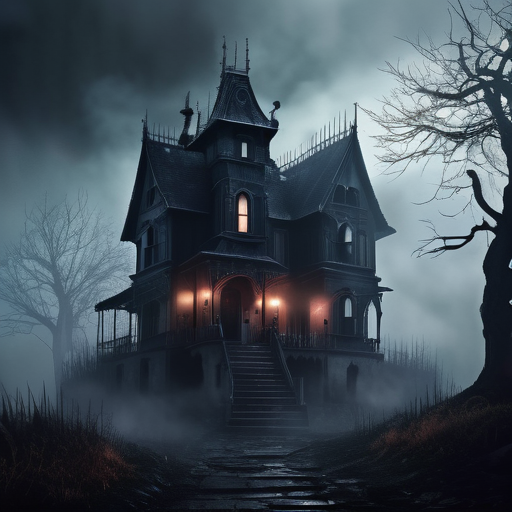 Reference image of a Gothic house at night, lit by warm windows and surrounded by mist.