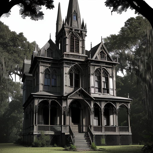 Daytime image of a tall, dark Gothic revival house with a central tower and covered porch.