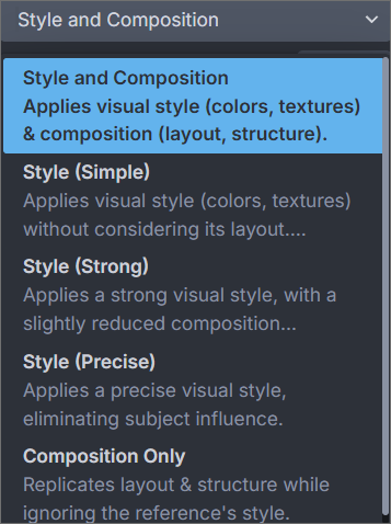 InvokeAI Mode dropdown showing Style and Composition, three Style options, and Composition Only.