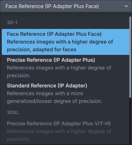 InvokeAI Reference dropdown showing Face Reference, Precise Reference, and Standard Reference options for SD-1 models.