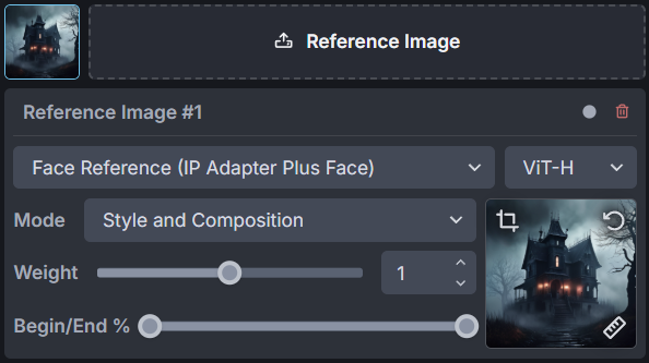 InvokeAI Reference Image settings showing the adapter, ViT-H encoder, Mode, Weight, and Begin/End controls.