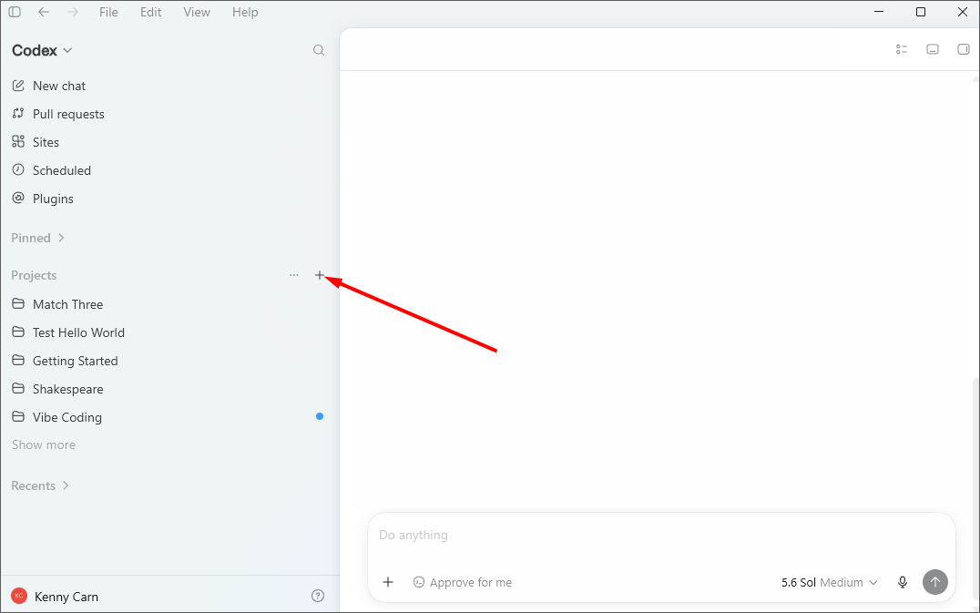 Codex sidebar with an arrow pointing to the plus button beside Projects