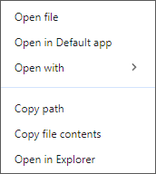 Context menu for a generated file with options including Open, Copy path, and Open in Explorer