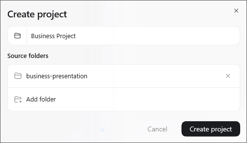 Create project dialog configured with the Business Project name and business-presentation source folder