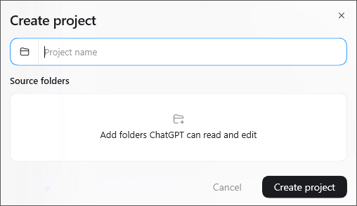 Create project dialog with fields for a project name and source folders