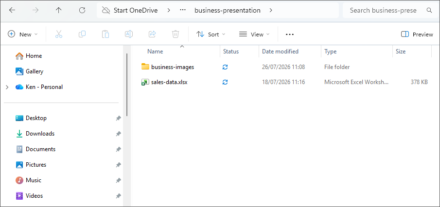 Windows File Explorer showing the business-images folder and sales-data.xlsx spreadsheet