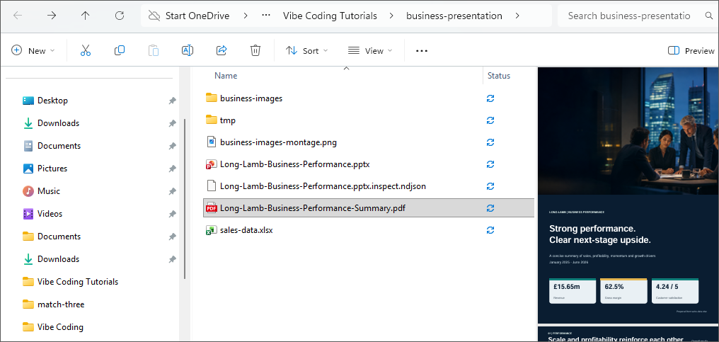 Windows File Explorer showing the generated PowerPoint and PDF files with a PDF preview