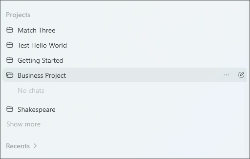 Codex Projects list showing Business Project with menu and new chat icons