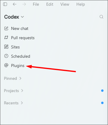 Codex navigation menu with the Plugins option on the left.