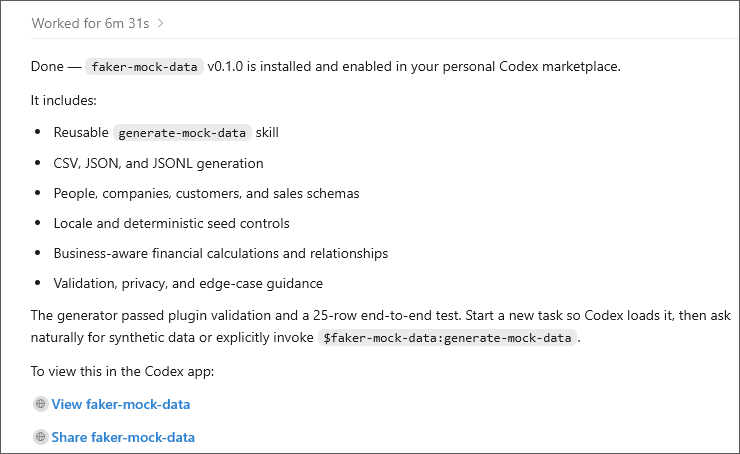 Codex response confirming that the Faker Mock Data plugin was installed and enabled.