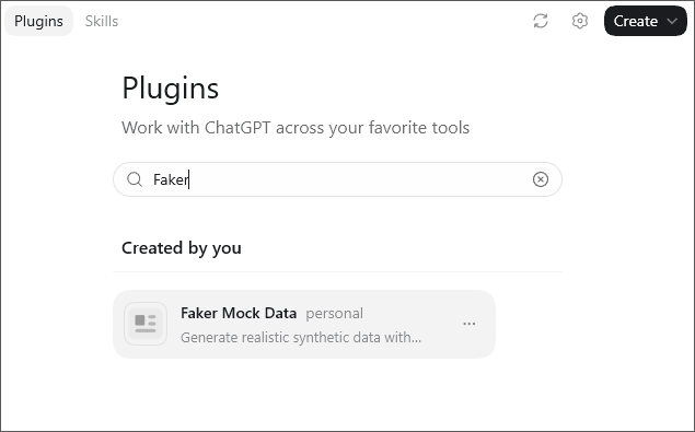 Personal plugins search results showing the newly created Faker Mock Data plugin.