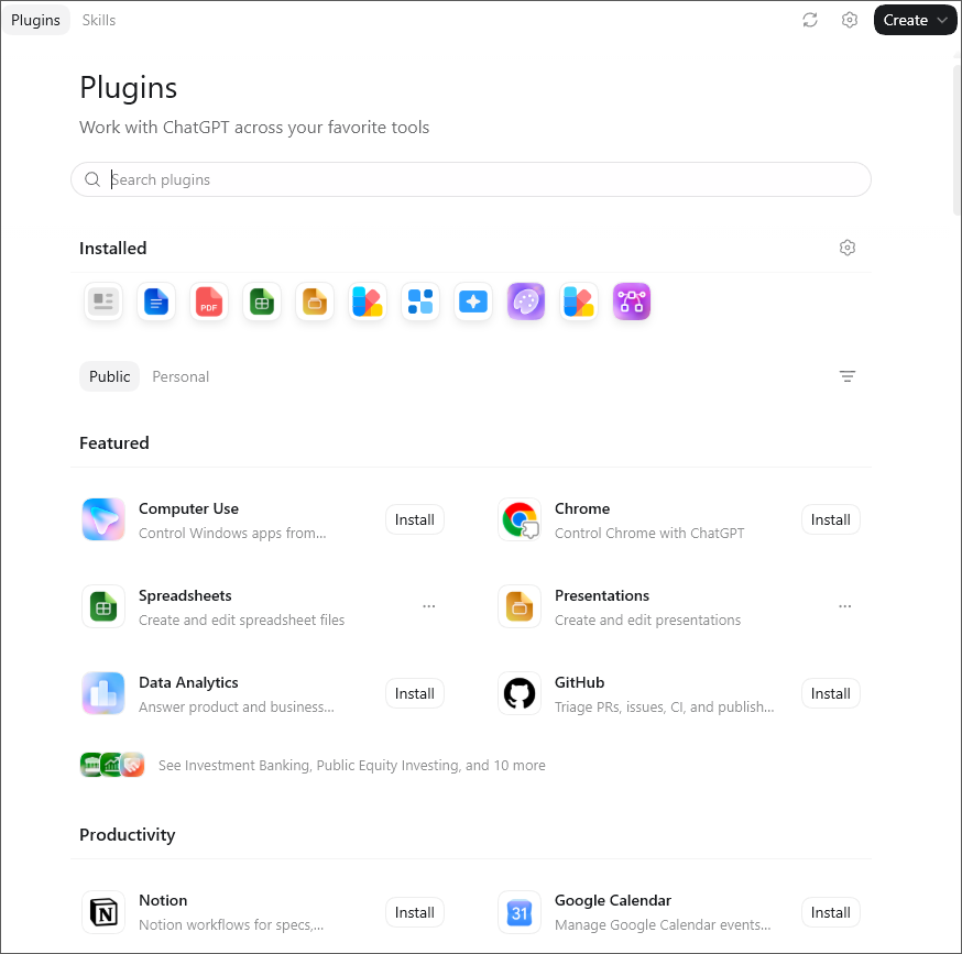 Codex Plugins page showing installed plugins, Public and Personal tabs, and featured plugins.