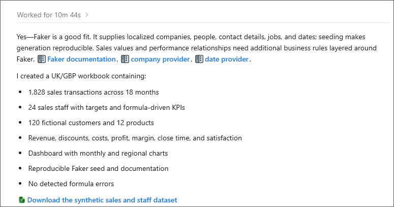 Codex response confirming a reproducible Faker sales workbook and providing a download link.