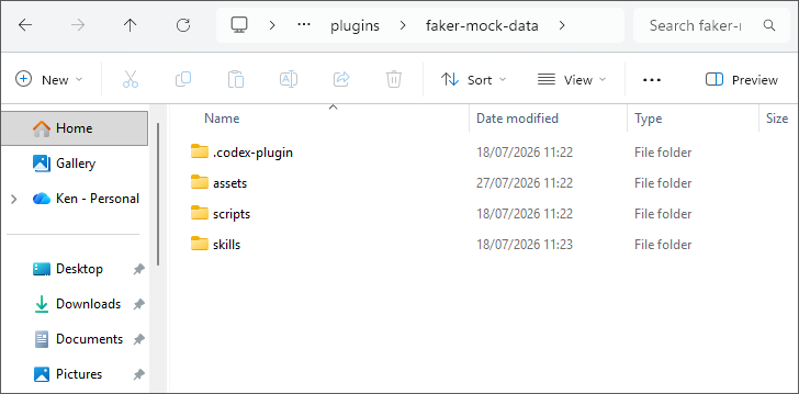 Windows File Explorer showing the Faker plugin folders, including the new assets folder.