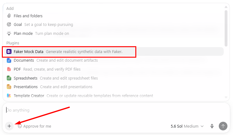 Codex prompt menu with the Faker Mock Data plugin highlighted and an arrow pointing to the add button.