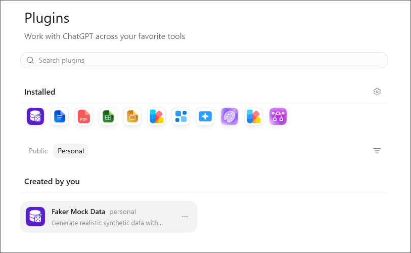 Personal Plugins page showing the Faker Mock Data plugin with its purple custom icon.