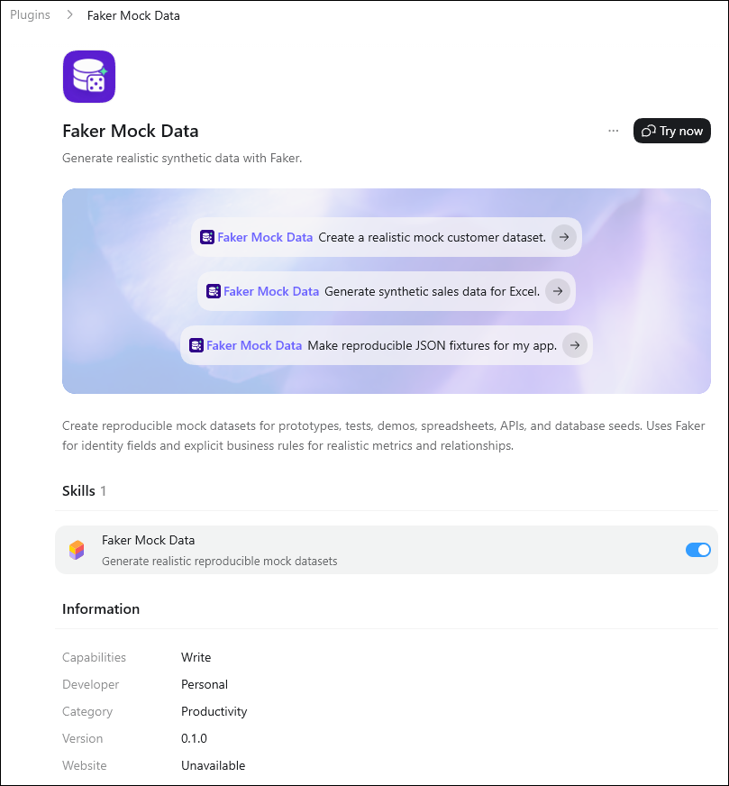 Faker Mock Data plugin page with its custom logo, example prompts, skill, and plugin details.