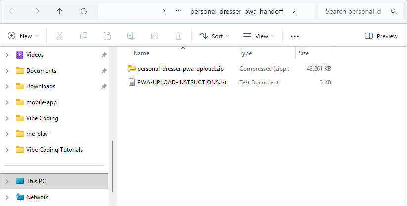 Windows File Explorer showing the Personal Dresser PWA upload ZIP and upload instructions text file