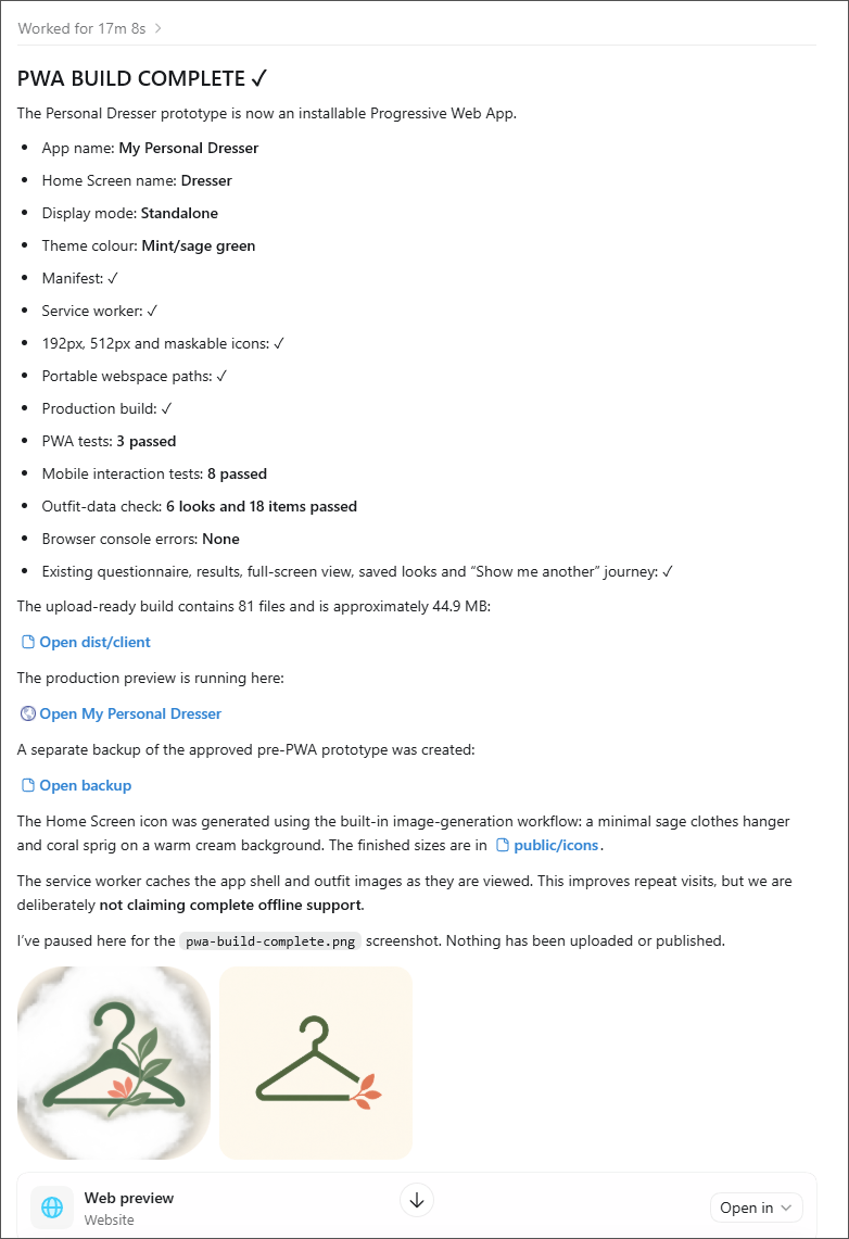 Codex report confirming the Personal Dresser PWA build, tests, icons and production preview completed successfully