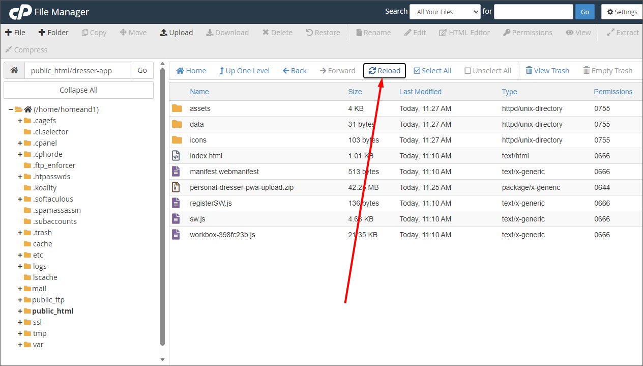 cPanel File Manager showing the extracted PWA files with an arrow pointing to the Reload button