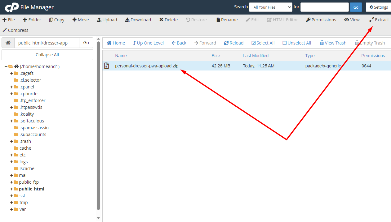cPanel File Manager with the Personal Dresser upload ZIP selected and arrows pointing to the ZIP and Extract button