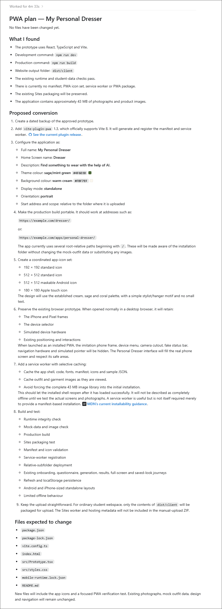 Codex PWA plan for the Personal Dresser app showing the proposed conversion, tests and files expected to change